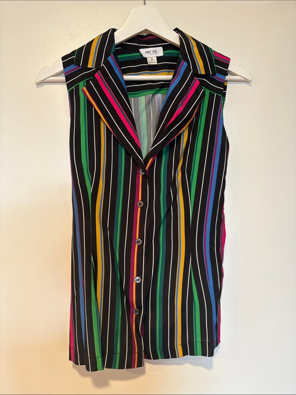 Per Se Black Multicolor Vertical-Stripe Sleeveless Button-Down Shirt